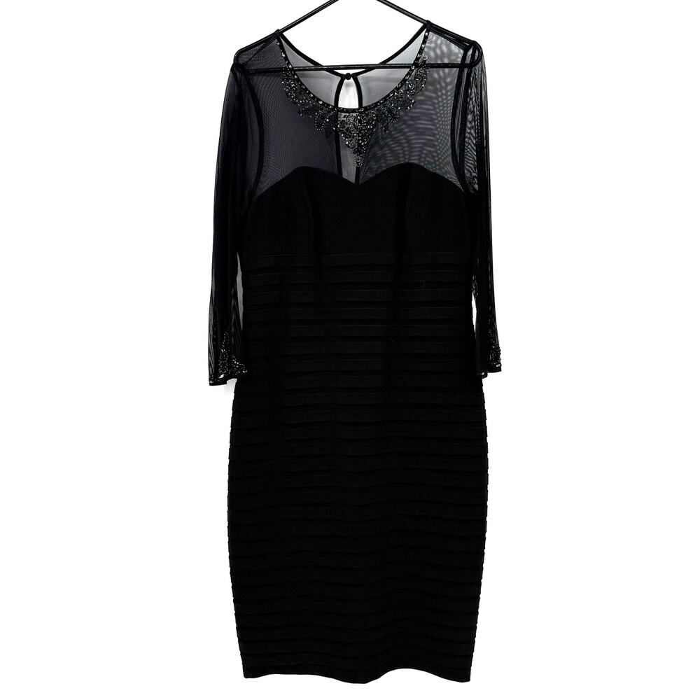 Adrianna Papell Size 12 Black Long Sleeve Dress‎ Sheer Sleeves Fitted Dressy